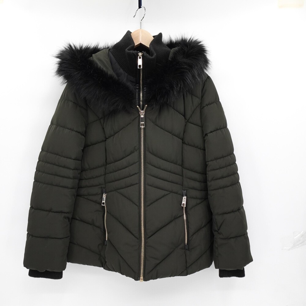 GUESS Jacket Womens Large Green Puffer Hood Faux Fur Trim Zip Pockets Warm - Picture 1 of 16